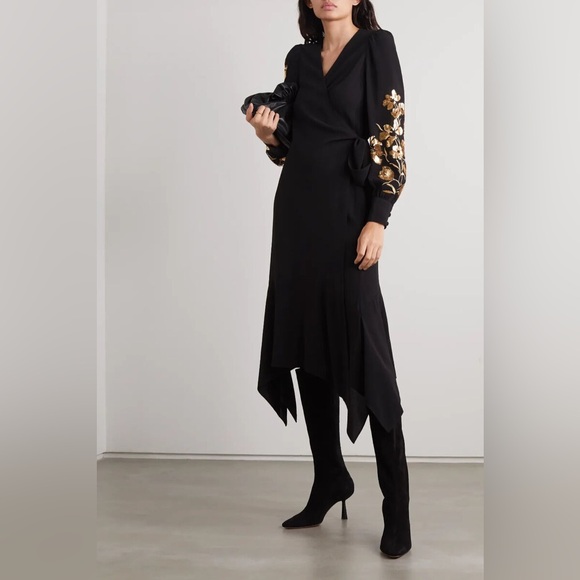 Tory Burch Embroidered Floral Wrap Dress - Black - Picture 2 of 8